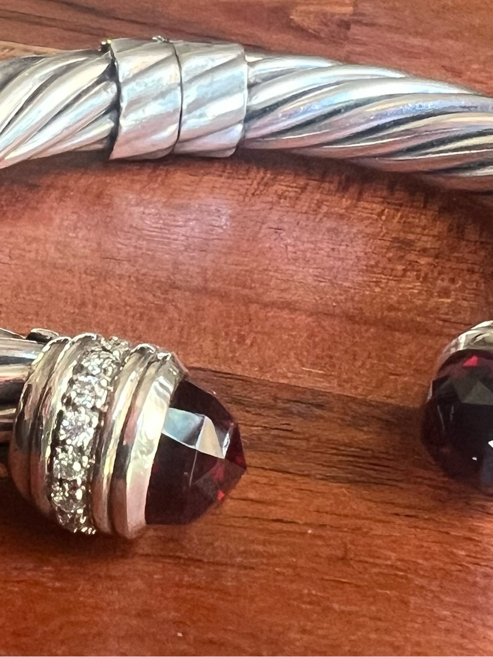 David Yurman 10mm Sterling Silver Diamond Garnet Hinged Bracelet Size Medium